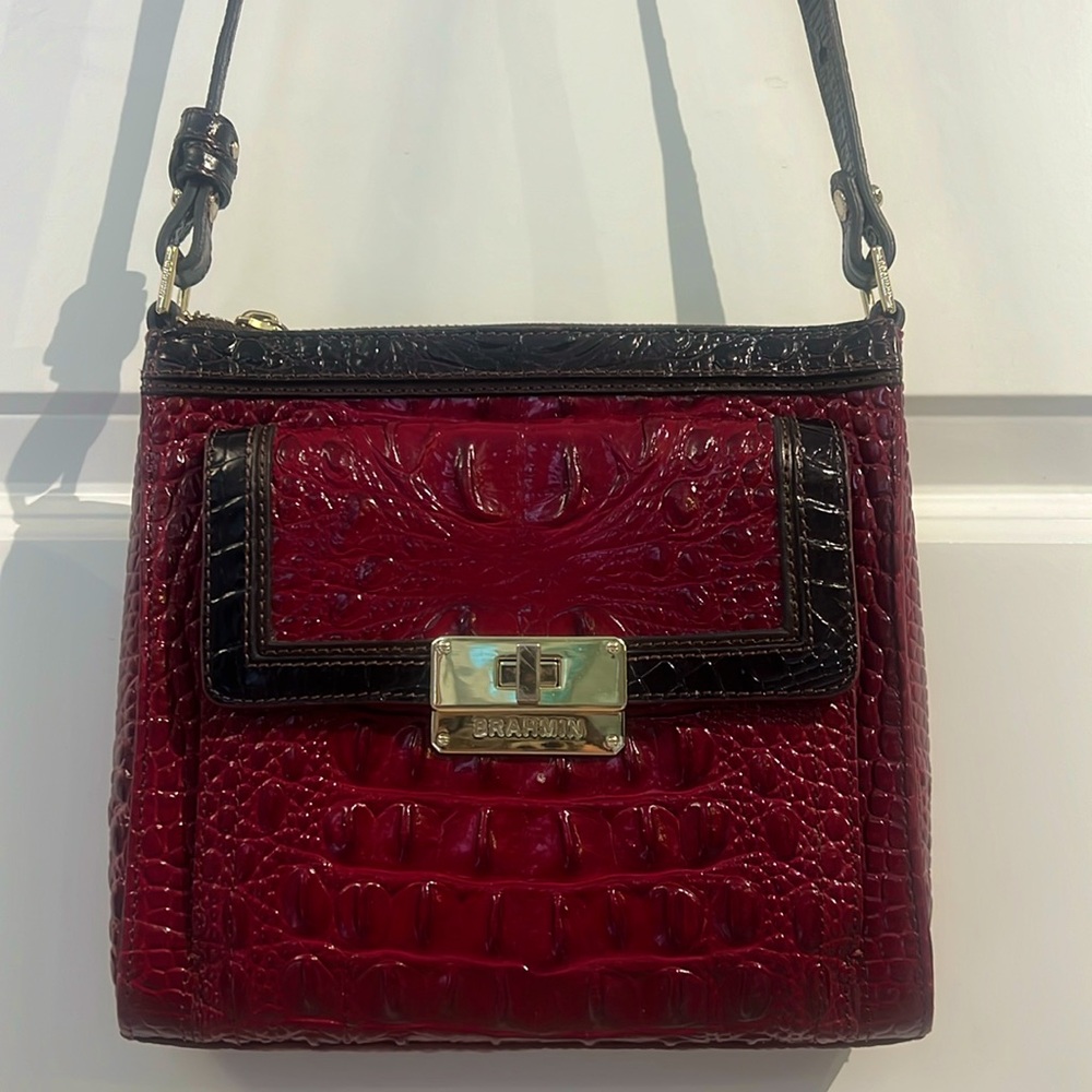 Brahmin Manhattan Quill Leather Maroon Burgundy Black Brown Embossed Crossbody